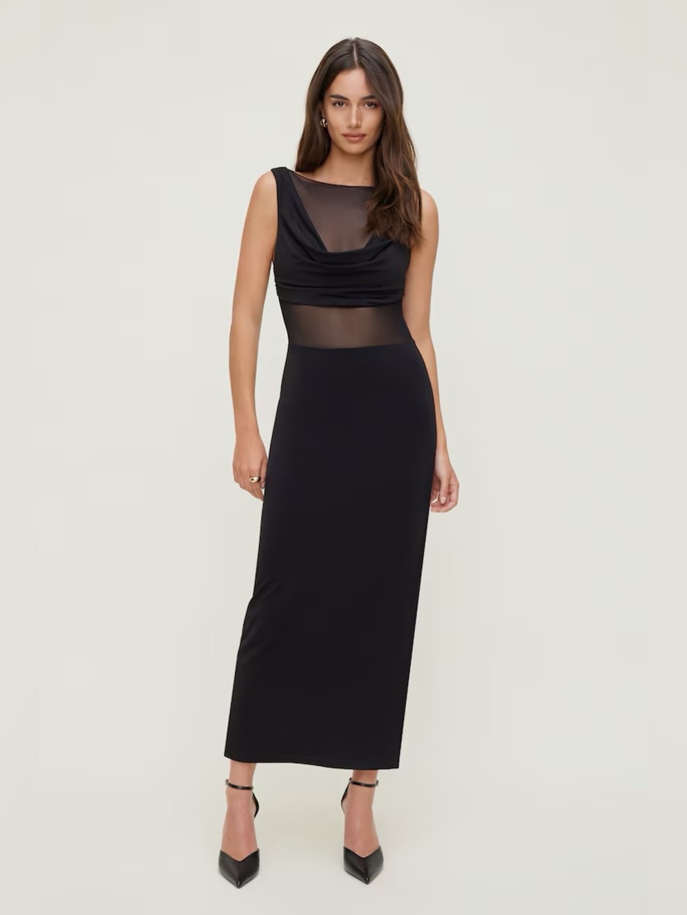 DYNAMITE sheer ankle dress W/Cowl front Sleeveless Long Dress